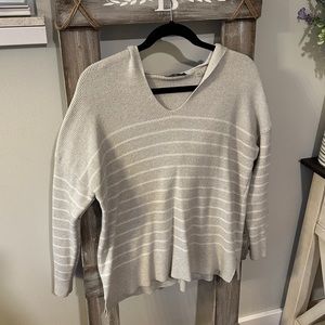 Tahari Grey & White Striped V-Neck Sweater with Hood